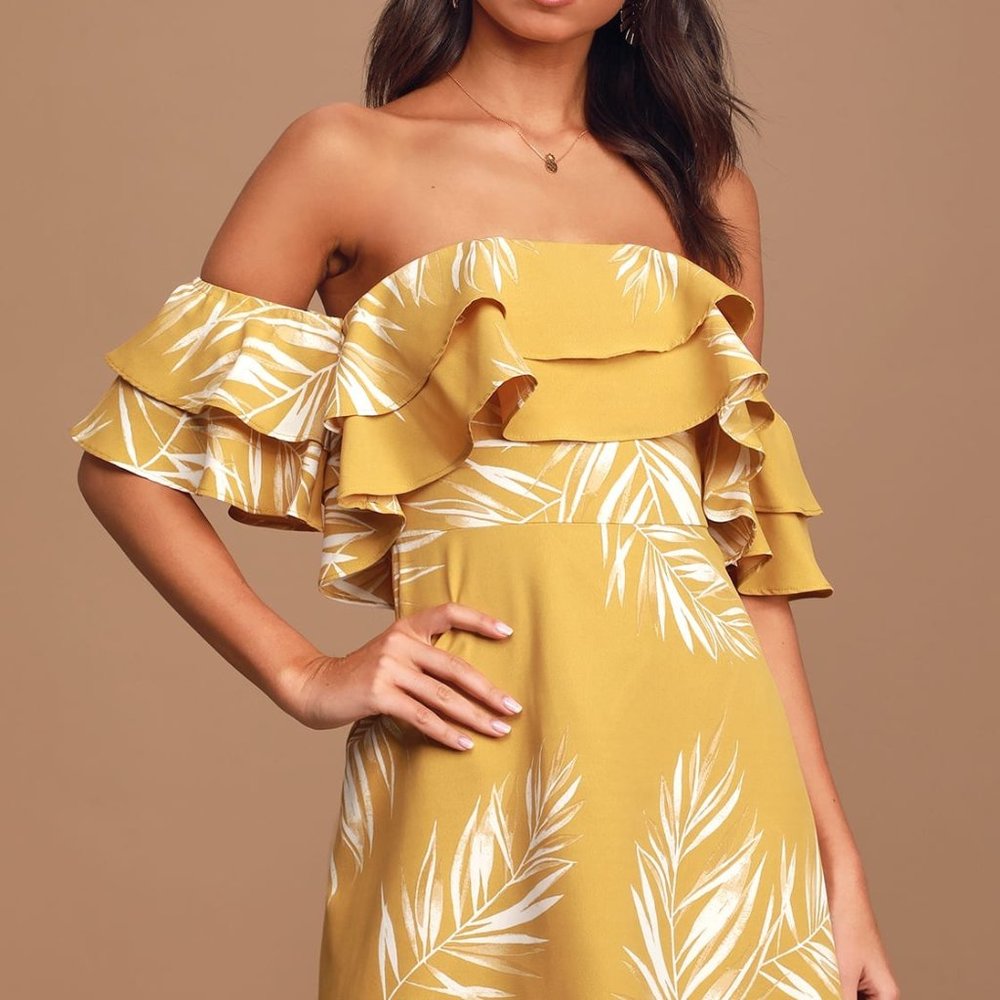 BNWT LuLus Be-Leaf the Hype Mustard Yellow Off-the-Shoulder Mini Dress